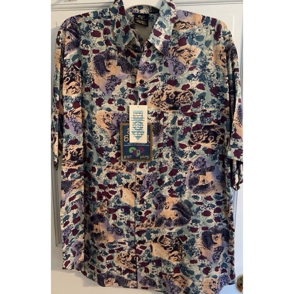 Shah Safari Men's Multicolor Graphic Print Rayon Short Sleeve Shirt - Size M